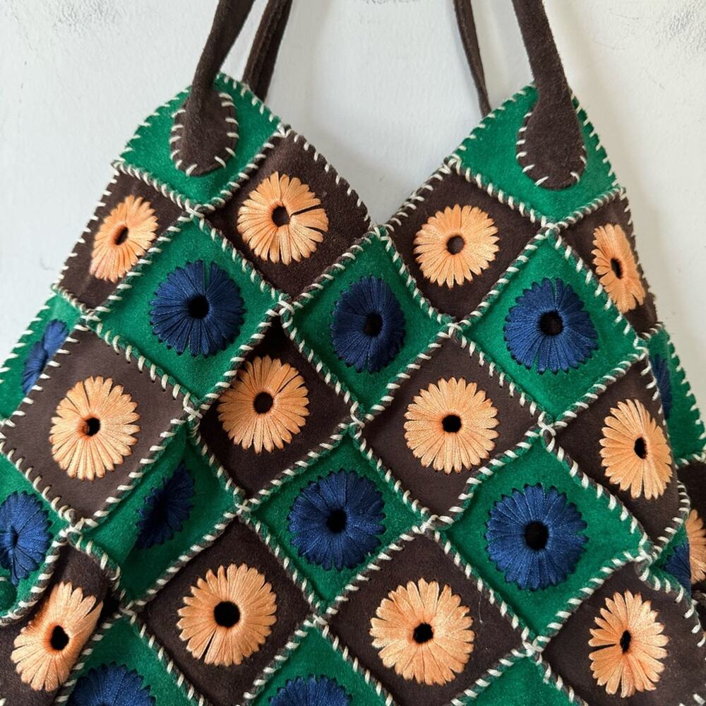 Vintage Boho Suede Crochet Granny Square Bag Blue Brown Green - Picture 3 of 9